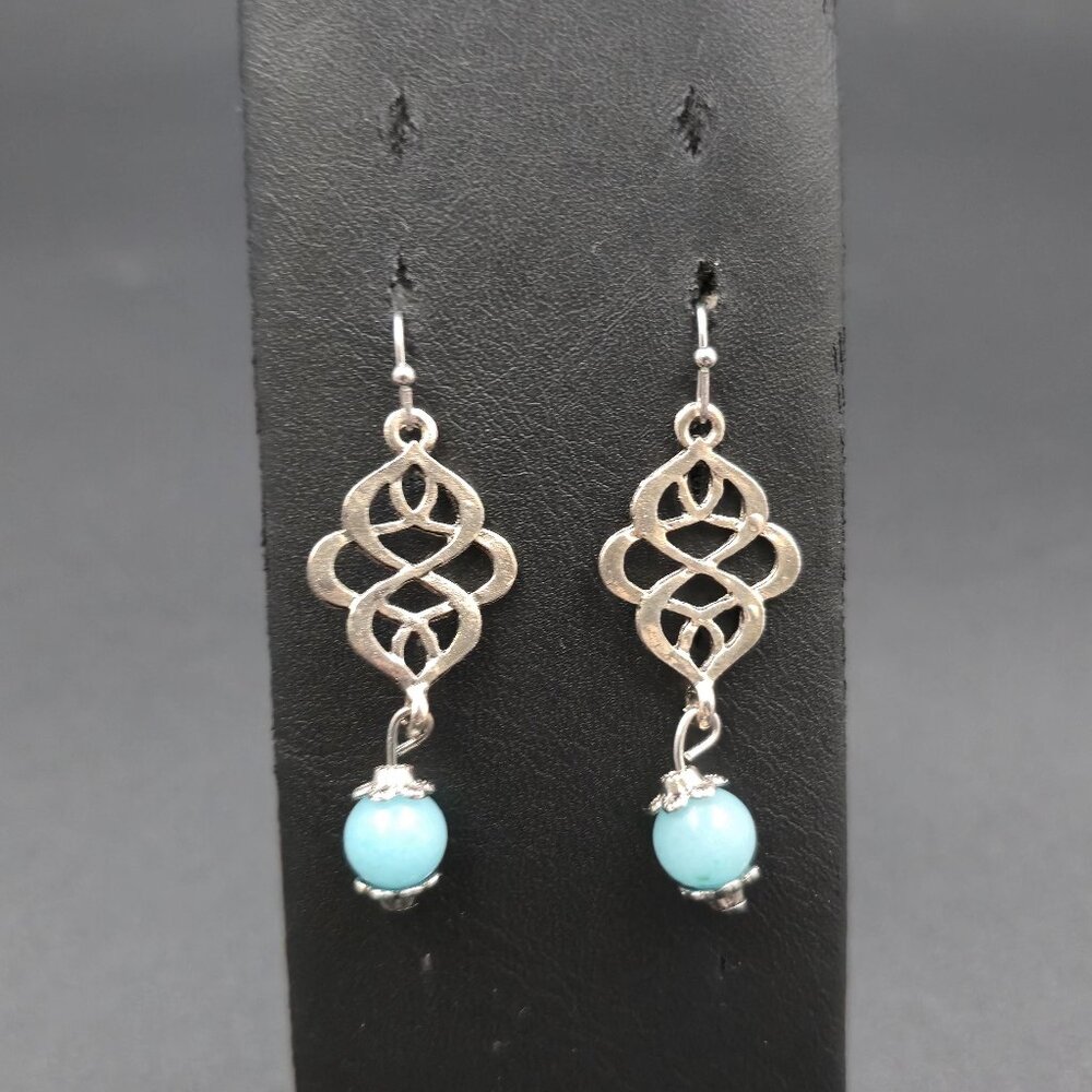 Silver Plated Chinese Knot Blue Stone Dangle Earrings A7271